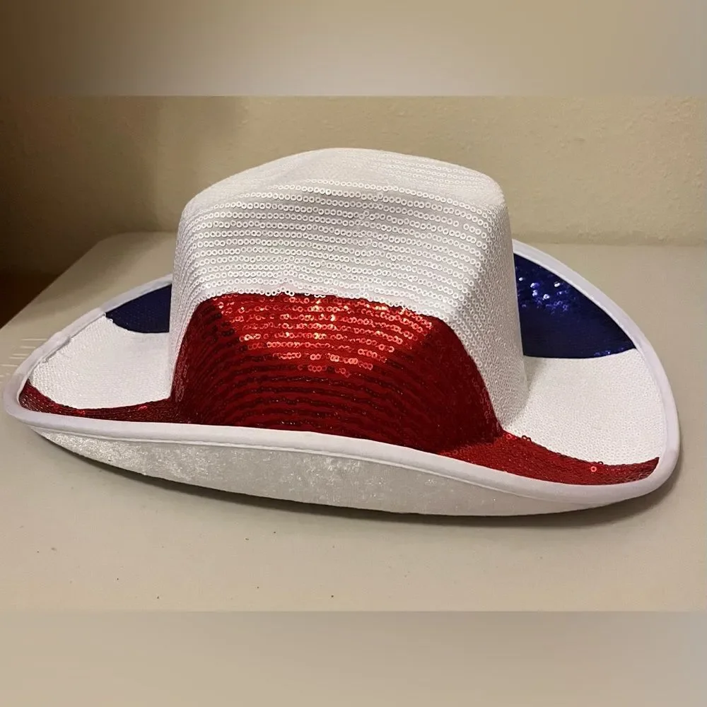 Patriotic Sequin Cowboy Hat - White, Red & Blue